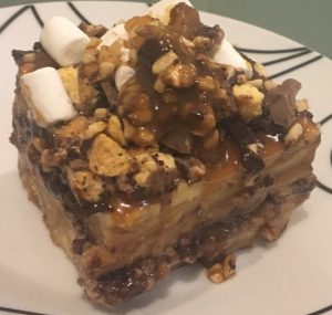 Marshmallow Peanut Caramel and Chocolate Bread Pudding